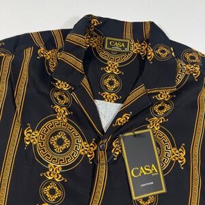 CASA Moda Mens‎ Shirt M Short Sleeve Button Down Black Gold Luxury 100% Rayon